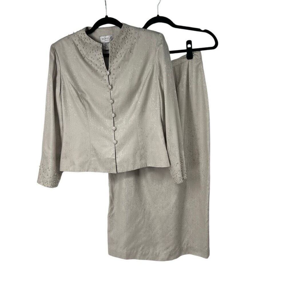 Papell Silver Pearl Studded Blazer Skirt‎ 2 Piece Set Women’s 100% Silk Career